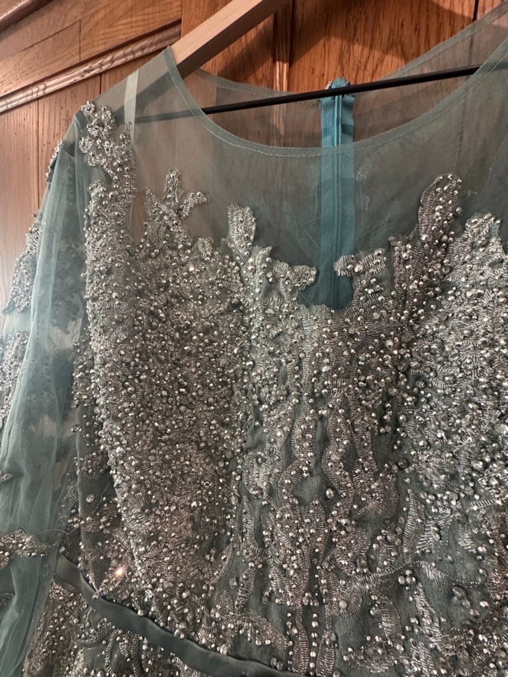 Mac Duggal Sage Green Beaded Gown Size 12 - Picture 2 of 6